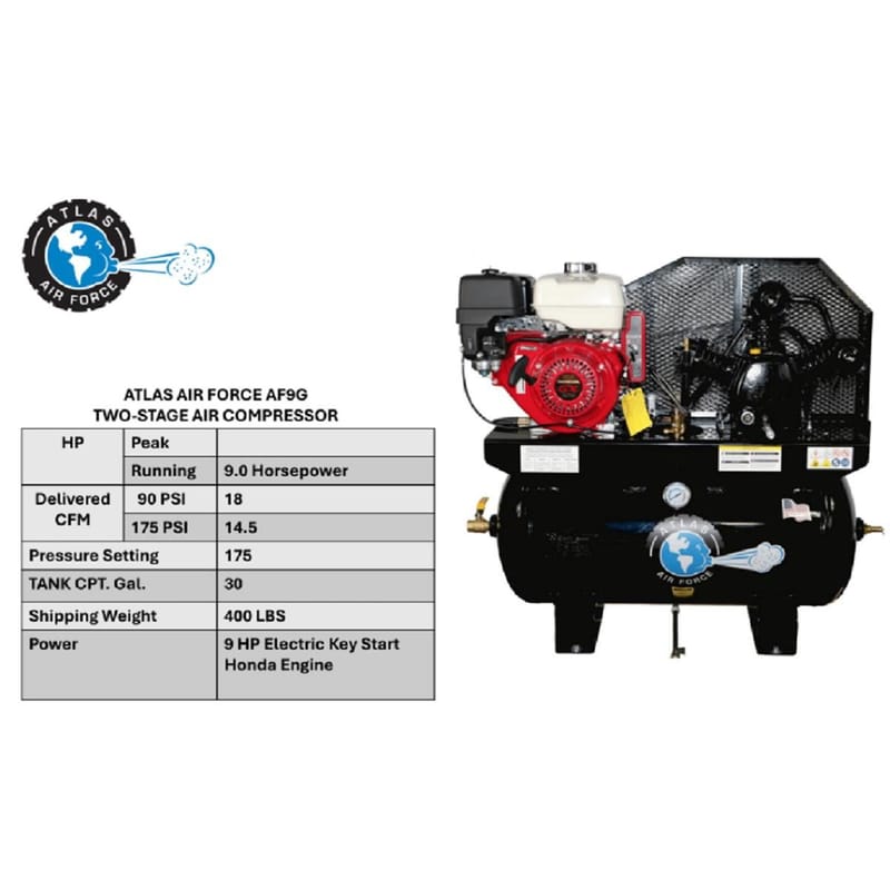 Atlas Air Force AF9G Gas 9HP 30 Gallon Air Compressor