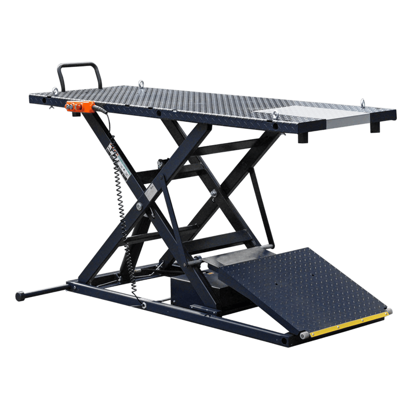 iDEAL M-2200IEH-XR-BLK Elec-Hydra Motorcycle Lift Bench w/Integrated Motor & Retractable Ramp - BLACK